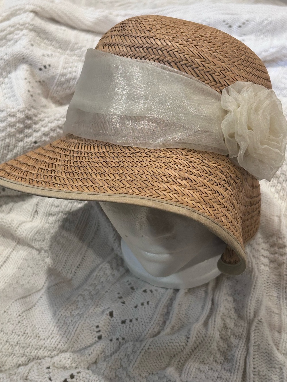 Vintage April Cornell Straw Sun Hat with Ivory Band and Flower